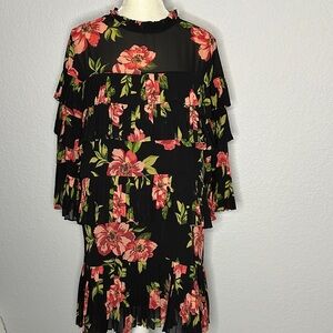 Forever 21 Contemporary Black Floral Tiered Long Sleeve Dress Medium